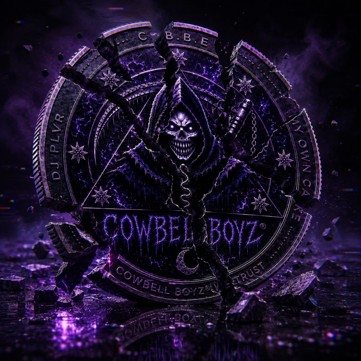 Emblema Cowbell Boyz entre ruinas violetas