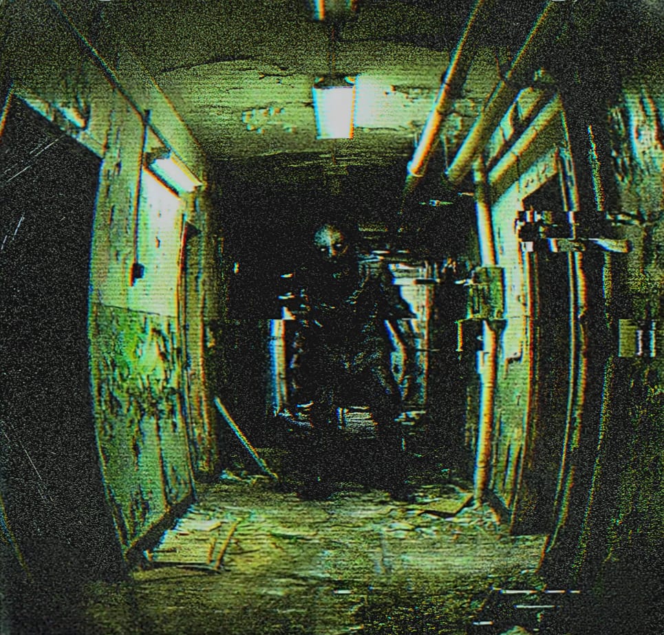 Pasillo oscuro con textura granulada en verde